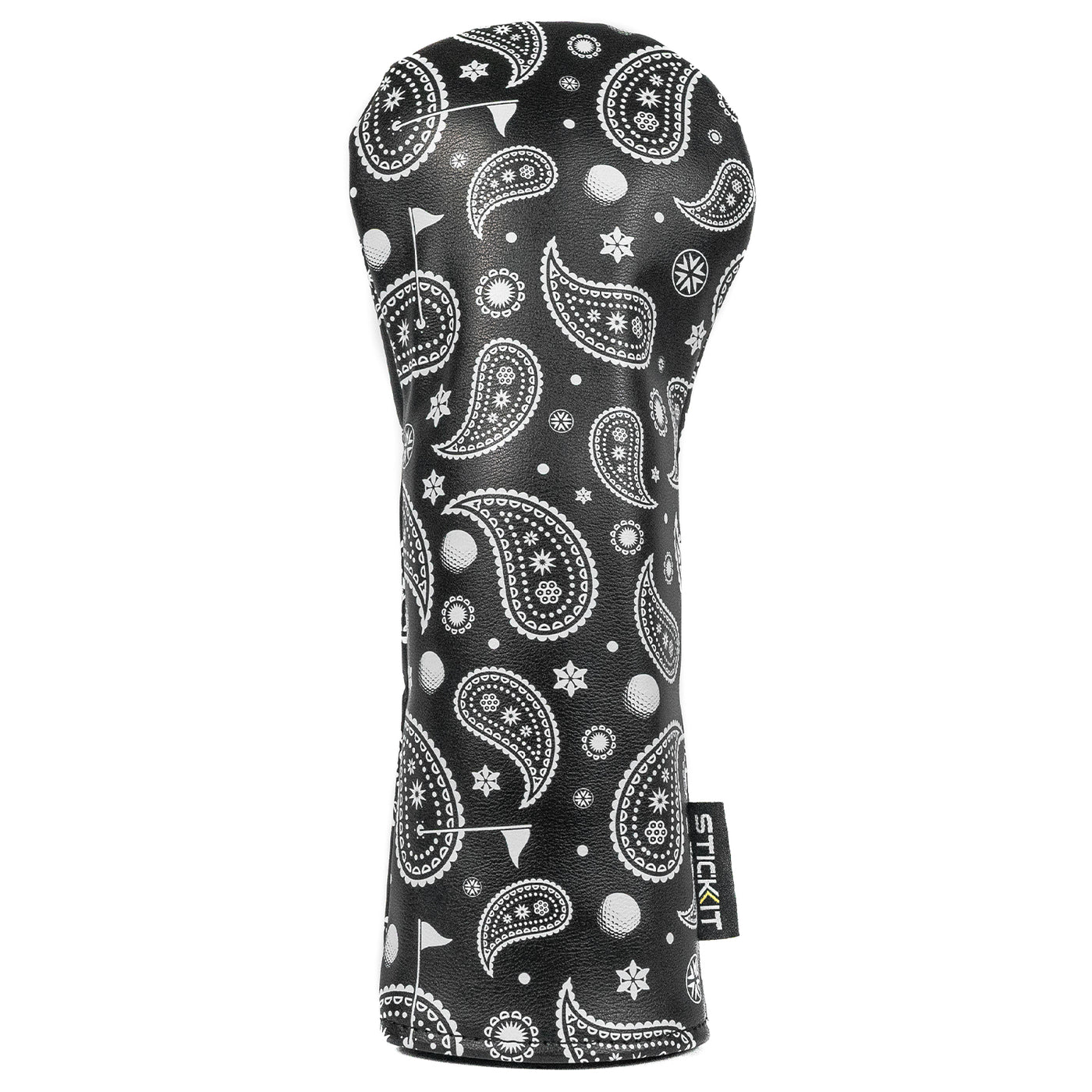 Black paisley pattern golf club headcover made from durable synthetic material, stylish and protective accessory.