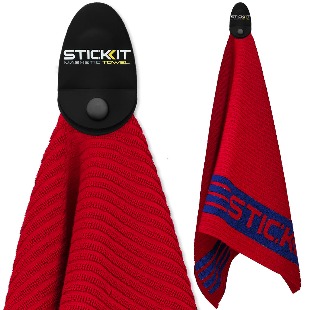 Red cotton towel with blue stripes and a black magnetic holder for convenient storage. Stylish and functional design.