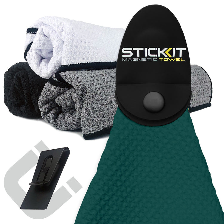 Magnetic towel in teal with black and gray textured towels; durable, stylish design for outdoor and gym use.