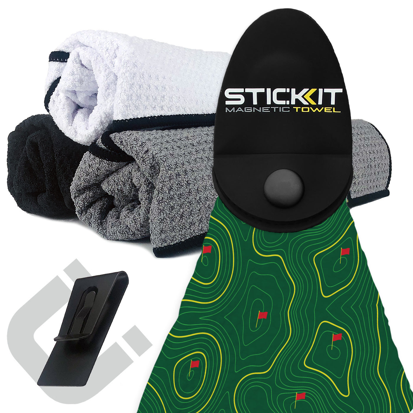 Magnetic golf towel with green terrain design, black holder, and multi-color microfiber towels stacked beside it.