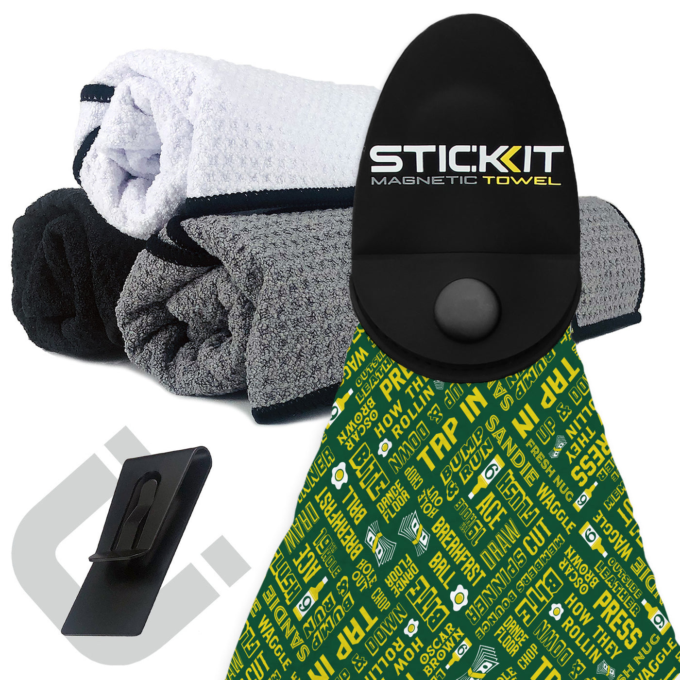 "STICKIT magnetic towel in green with yellow text, alongside white, gray, and black microfiber towels."