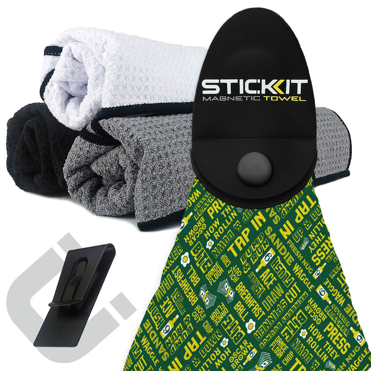 "STICKIT magnetic towel in green with yellow text, alongside white, gray, and black microfiber towels."