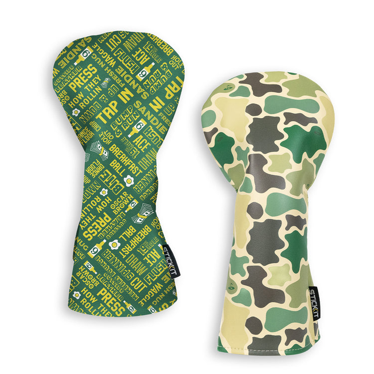 Green and camo-patterned silicone oven mitt set, heat-resistant, stylish kitchen accessories for safe cooking.
