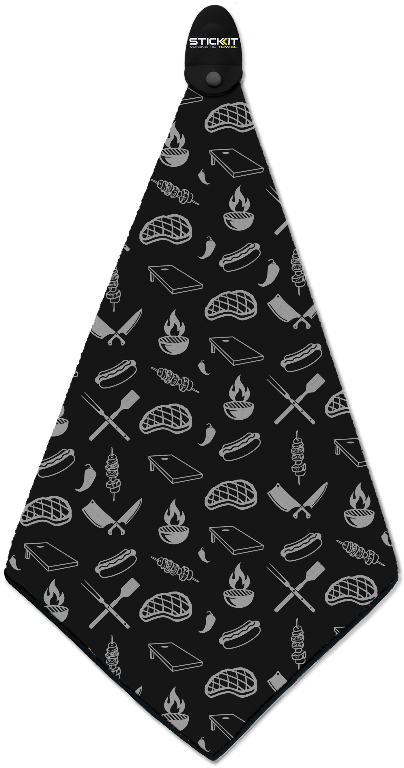 Black BBQ-themed apron featuring gray icons of meats, flames, and utensils, ideal for grilling enthusiasts.
