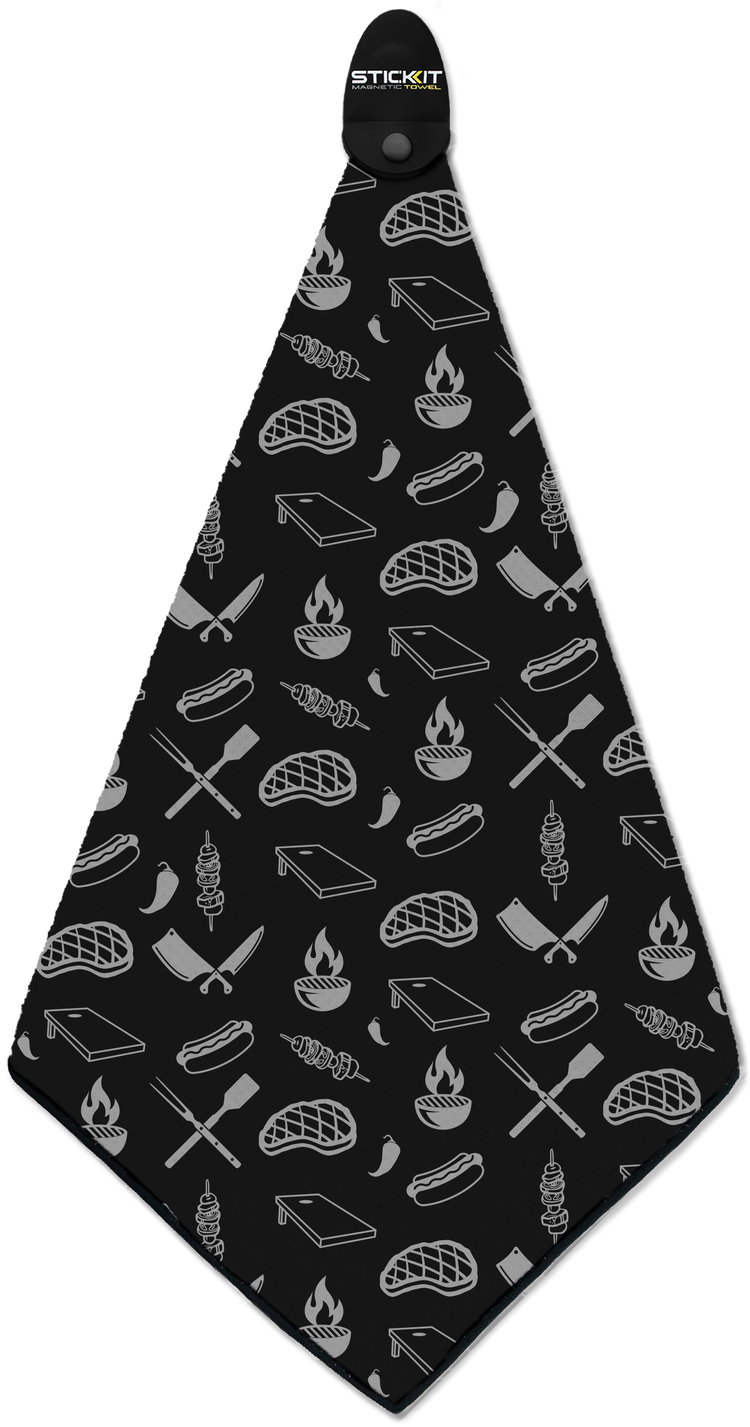 Black BBQ-themed apron featuring gray icons of meats, flames, and utensils, ideal for grilling enthusiasts.