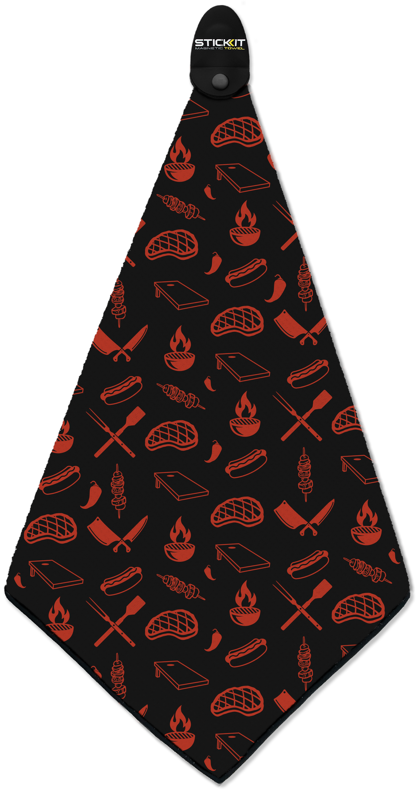 Black barbecue apron with red grill-themed graphics, featuring meats, flames, and utensils, perfect for grilling enthusiasts.