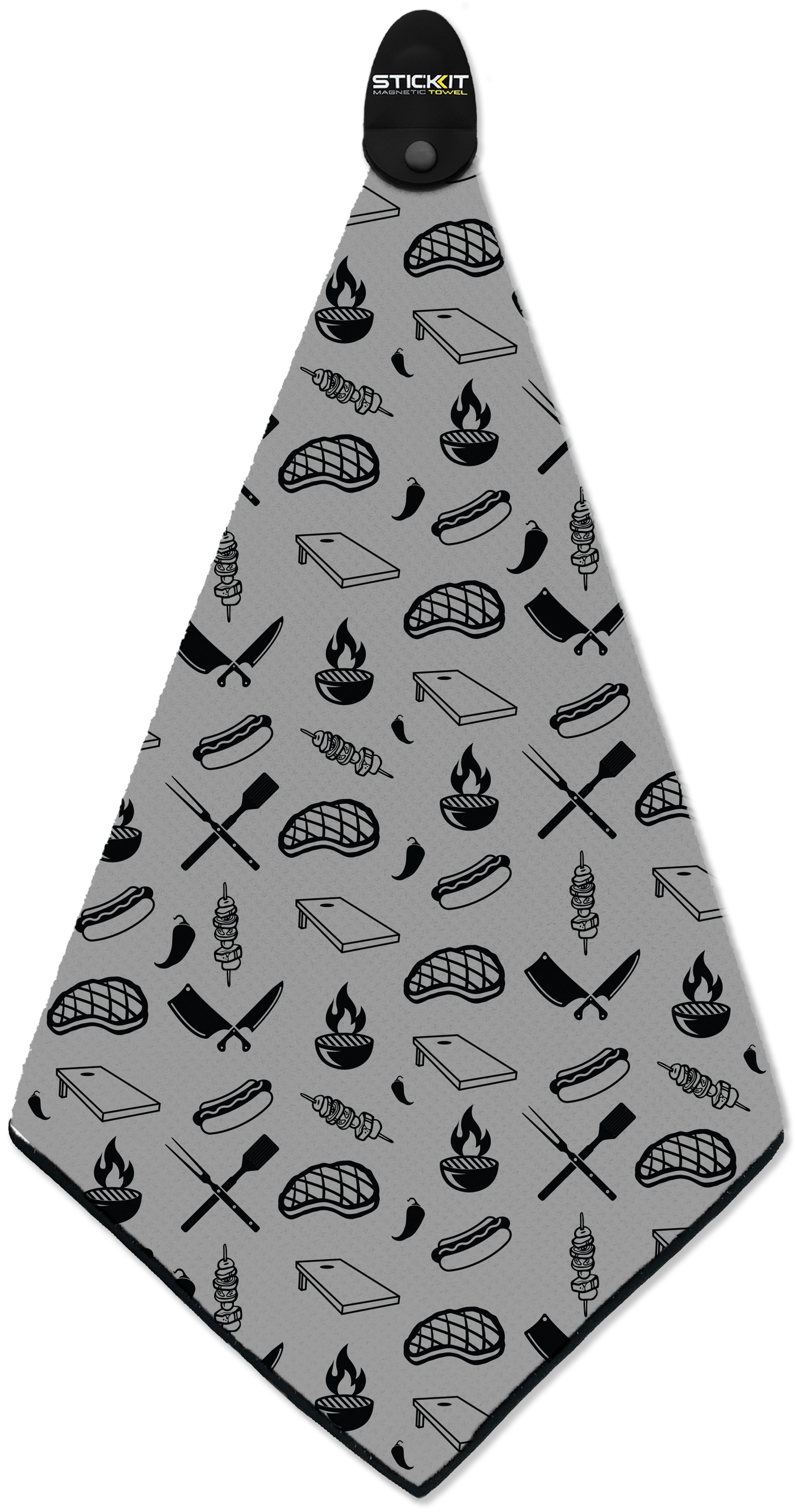 Gray kitchen towel with black cooking-themed patterns, including grill icons, knives, and flames, made from durable fabric.