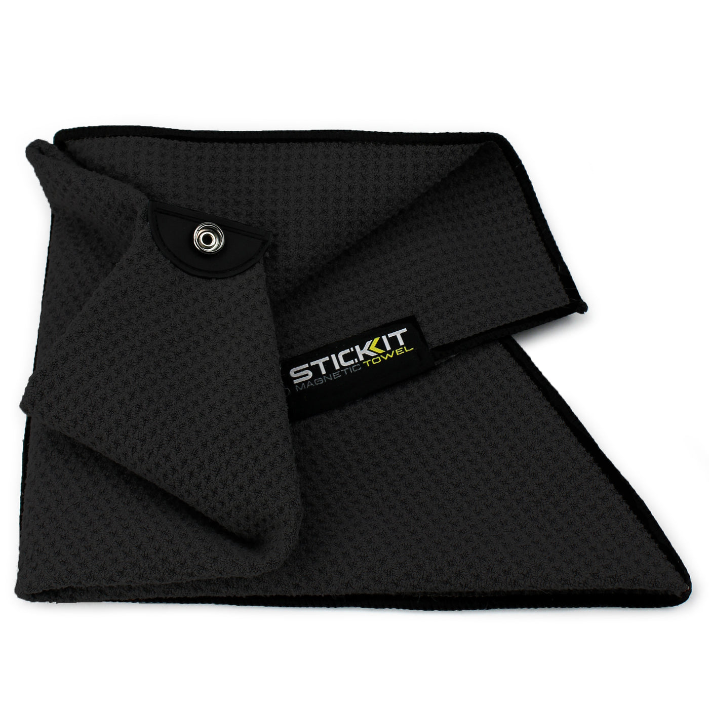 Gray microfiber towel with textured surface and snap button, ideal for gym and sports use.