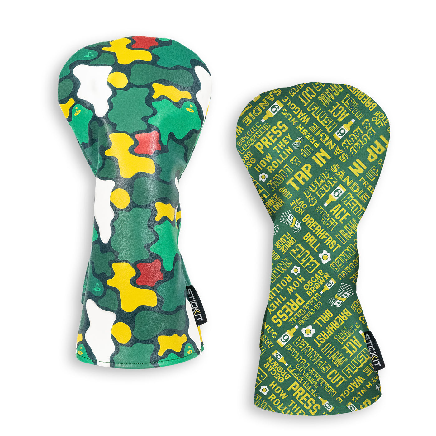 Camo and typography golf headcovers in green, yellow, and white; durable synthetic material for added protection.