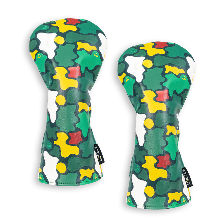Colorful camo golf headcovers in green, yellow, and white, made of durable synthetic leather for stylish protection.