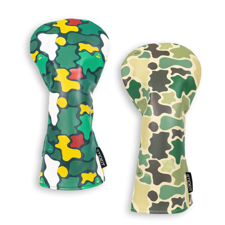 Camo golf head covers in green, yellow, and white; durable synthetic leather, stylish design for optimal protection.