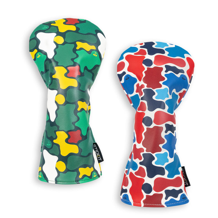 Colorful camo golf headcovers in green/yellow and red/blue, made of durable synthetic leather for stylish protection.