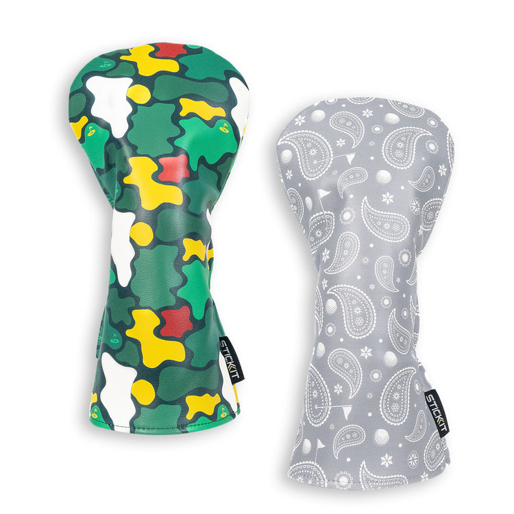 Colorful green camo and grey paisley patterned oven mitts, made from durable silicone for heat protection.