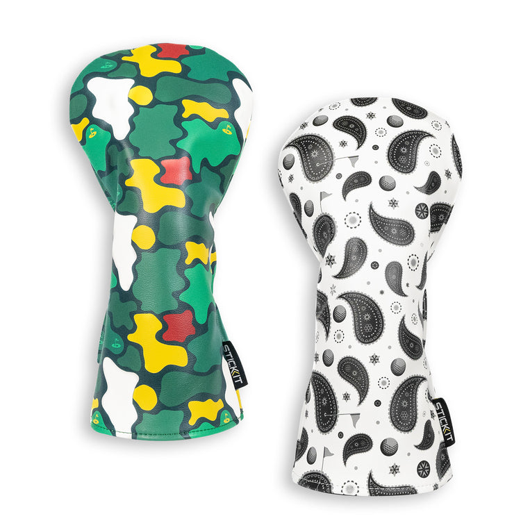 Green camouflage and black paisley patterned neoprene oven mitts, stylish and heat-resistant for kitchen use.