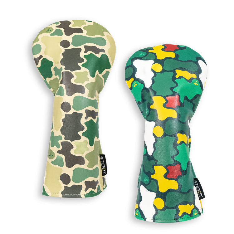 Camouflage golf head covers, one in green and tan, the other in green, yellow, and black, made of durable synthetic material.