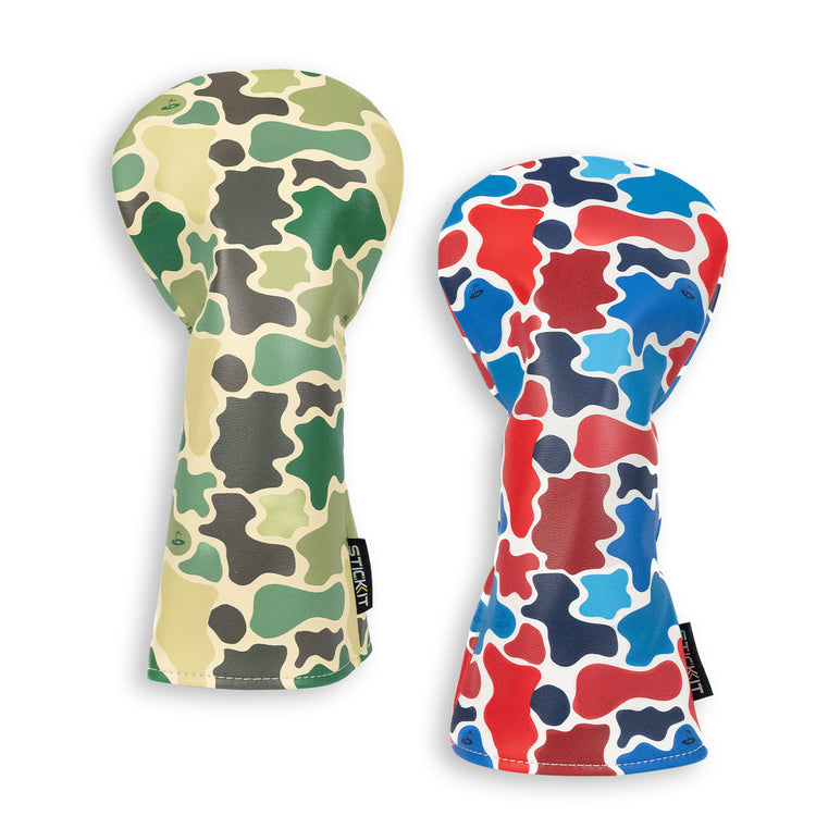 Camouflage golf club headcovers, yellow-green and red-blue, durable synthetic material, stylish for all golfers.