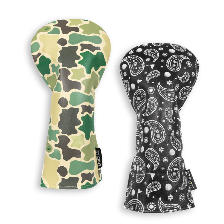 Camouflage and paisley-patterned oven mitts, durable fabric, stylish kitchen accessories for safe cooking.