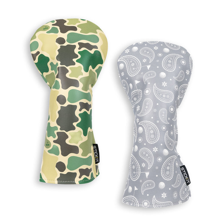 Camouflage and paisley patterned silicone oven mitts, green and tan, gray and white, heat-resistant, stylish kitchen accessories.