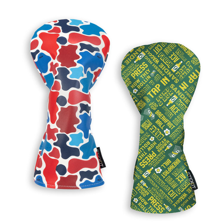 Red, white, and blue camouflage dog toy paired with green text design, both durable and waterproof materials for outdoor play.