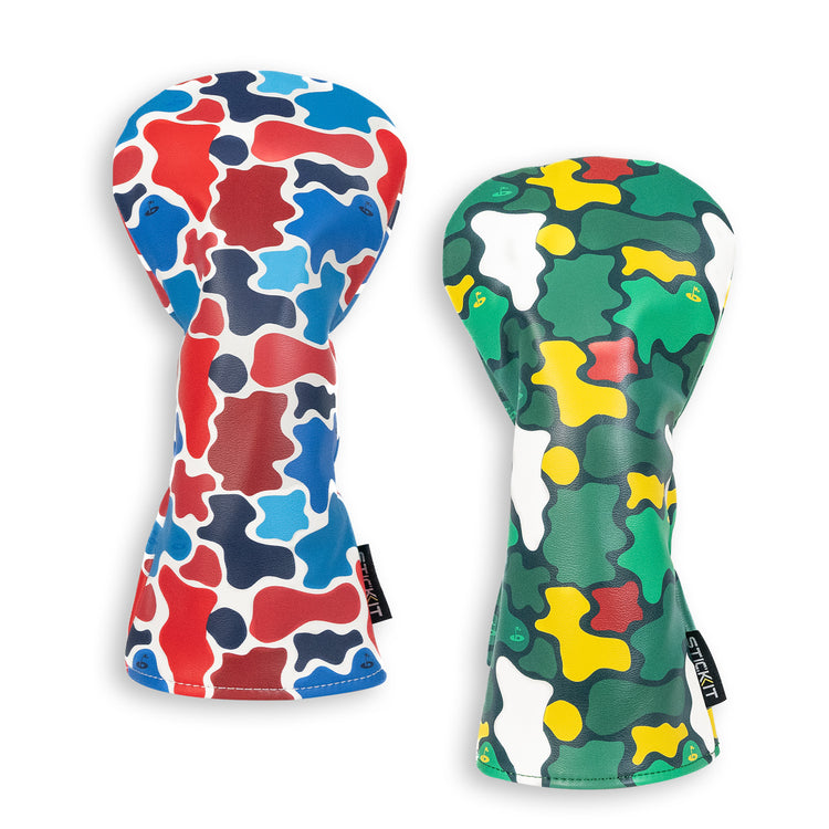Colorful camo golf headcovers, one in red, blue, and white; the other in green, yellow, and black. Durable synthetic material.