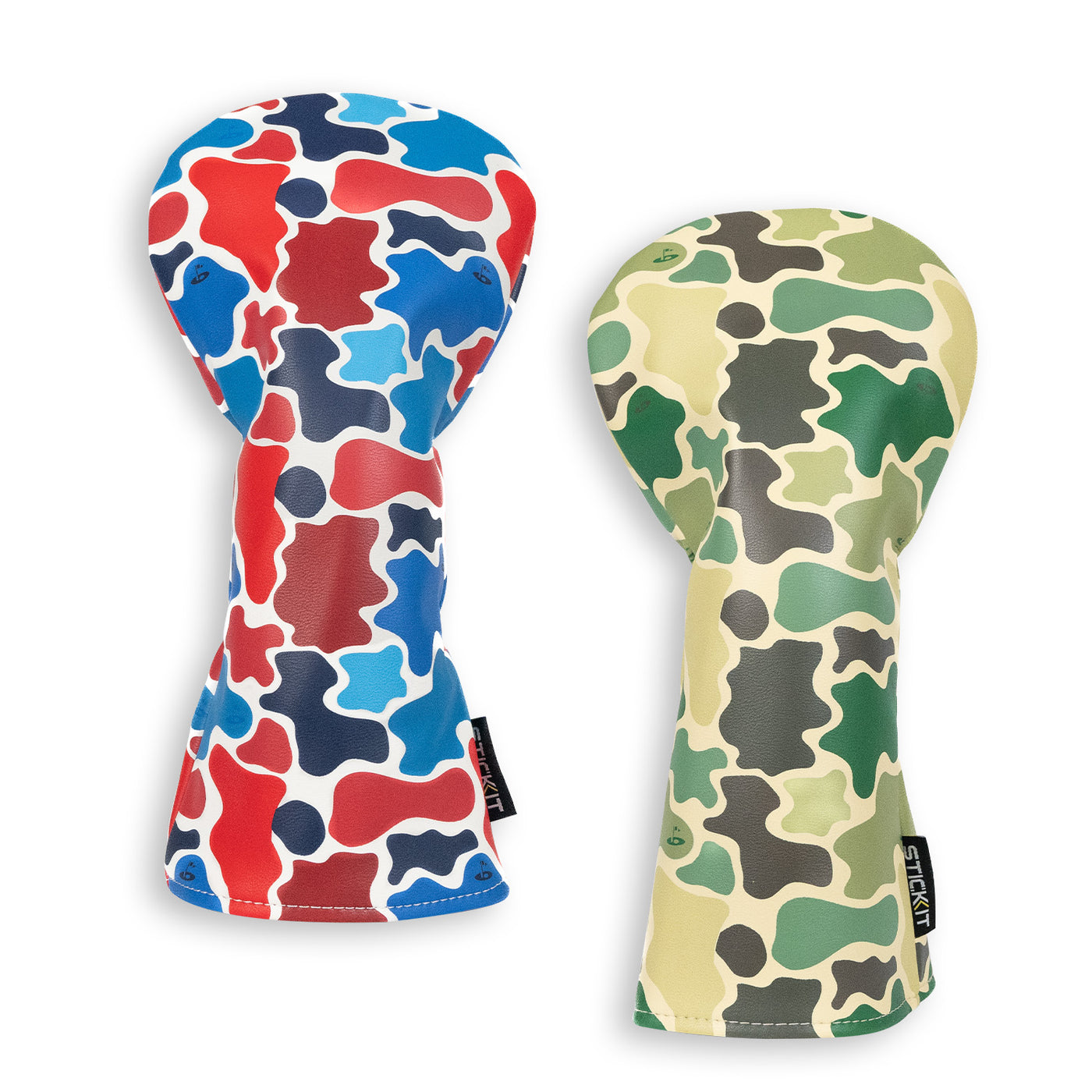 Camo-patterned glove set: red/blue and green/yellow, made of durable synthetic material, perfect for outdoor enthusiasts.