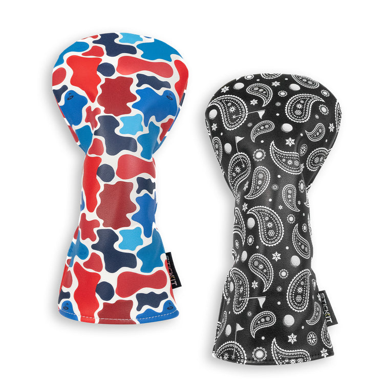 Colorful red and blue camo and black paisley oven mitts, durable cotton blend, stylish kitchen accessories.