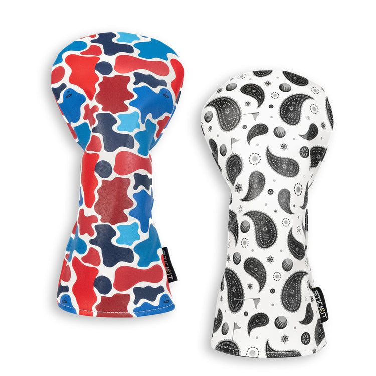 Colorful red, blue, and white patterned glove set with black and white paisley design; durable, stylish silicone material.
