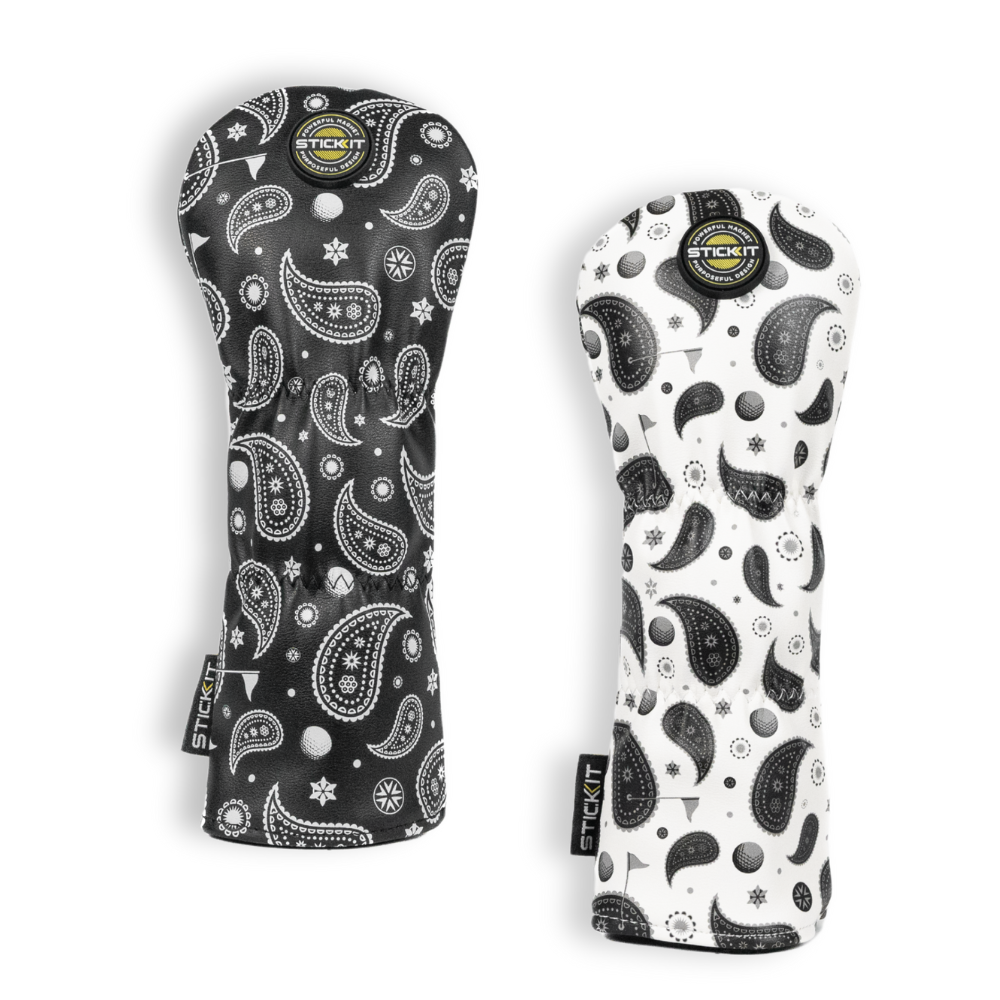 Black and white paisley patterned golf club headcovers, durable fabric, stylish design for golf enthusiasts.