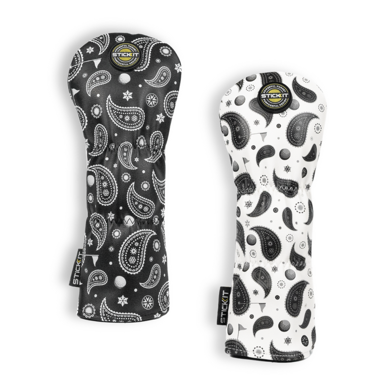 Black and white paisley patterned golf club headcovers, durable fabric, stylish design for golf enthusiasts.