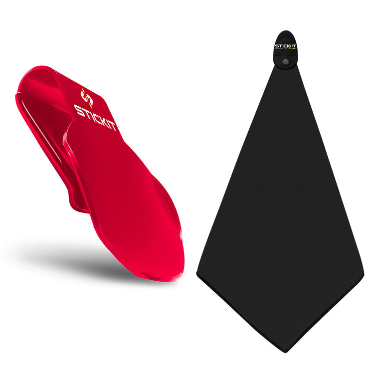Red silicone stick-it wallet and black microfiber cleaning cloth, modern design for essential item storage and screen cleaning.