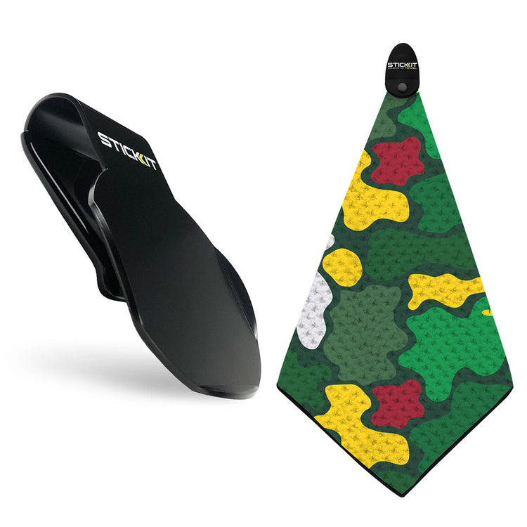 Black golf towel clip with a green, yellow, and gray camouflage towel design.