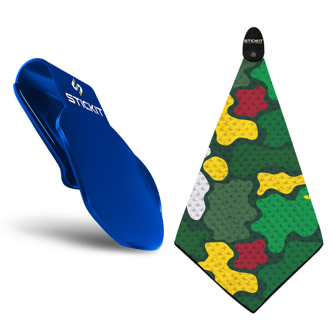 Blue golf towel clip with green, yellow, red, and white camo-patterned microfiber towel for sports and outdoor use.