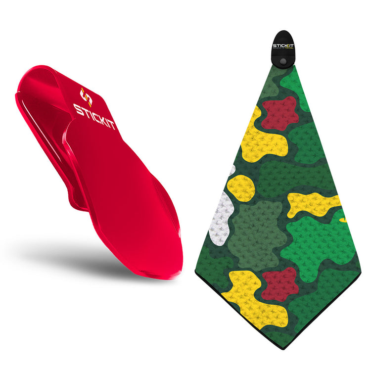 Red silicone golf towel clip with a green, yellow, and gray camouflage microfiber towel attached.