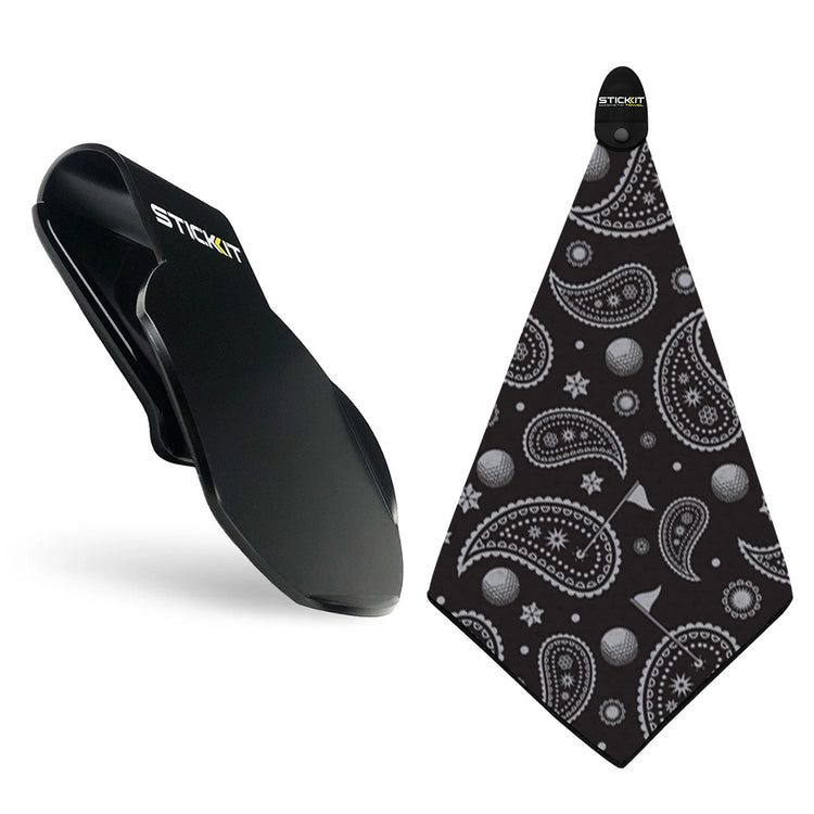 Black stick-on golf towel set featuring a paisley pattern, ideal for keeping clubs clean and stylish on the course.