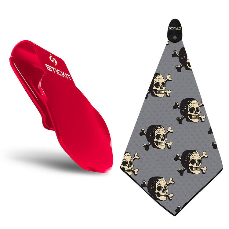 Red Stickitt grip and grey skull-patterned bandana with pirate design, perfect for stylish outdoor adventures.