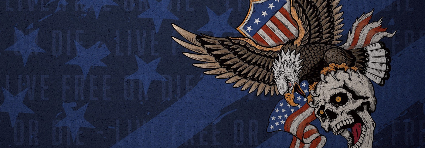 STICKIT x. GROOVE IT Collab: Eagle with skull design on a blue background with American flag elements