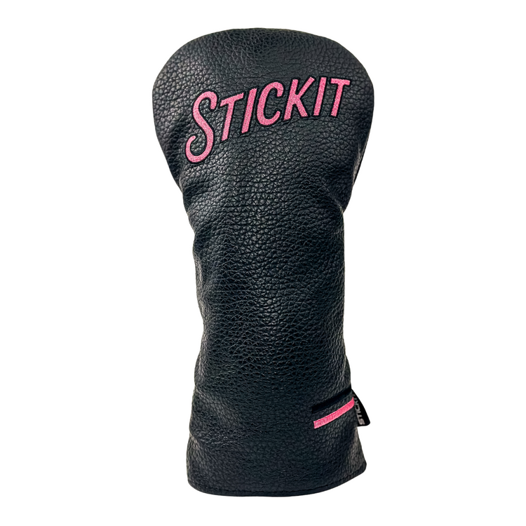 Black leather golf headcover with pink "STICKIT" embroidery, sleek design for a stylish touch on the course.