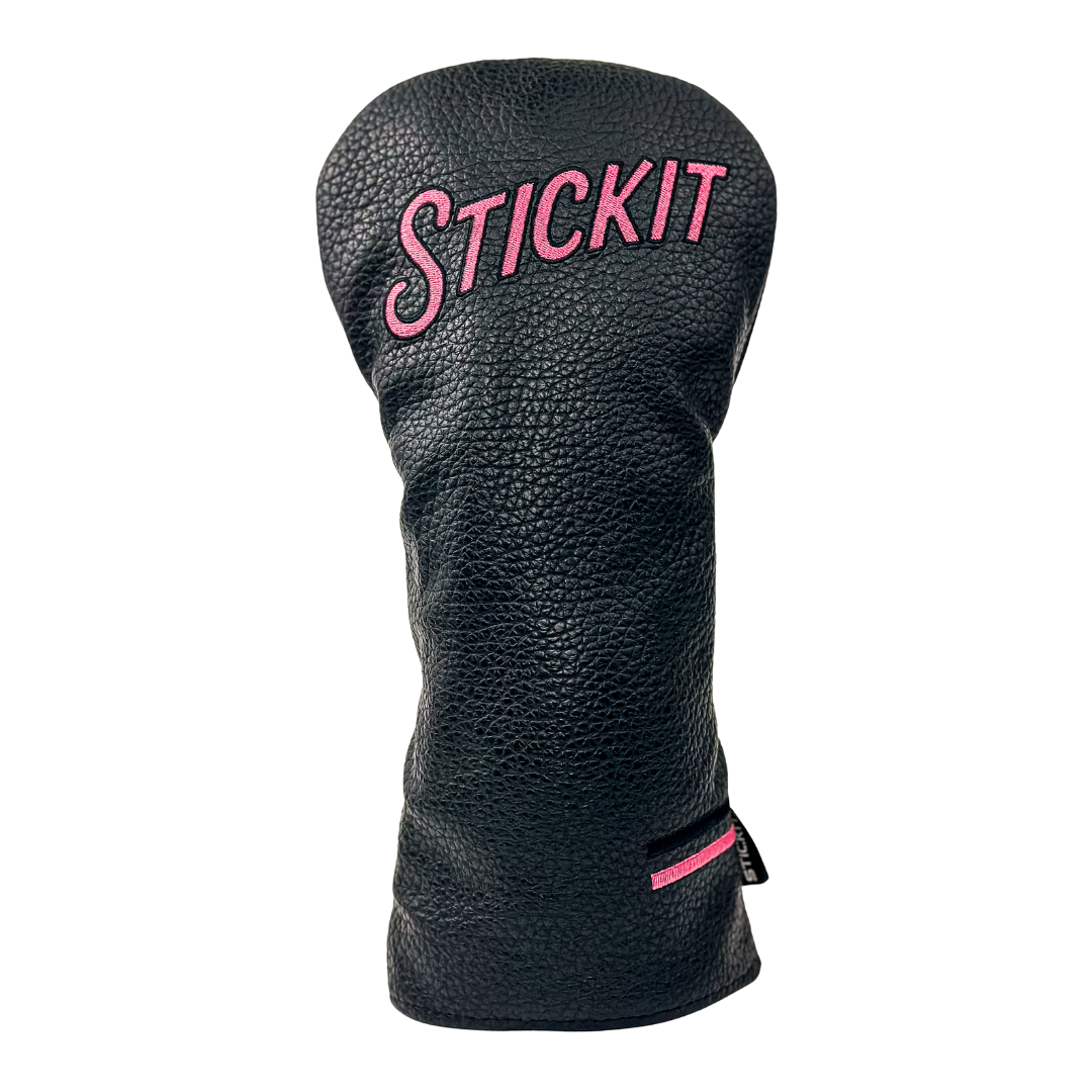 Black leather golf headcover with pink "STICKIT" embroidery, sleek design for a stylish touch on the course.