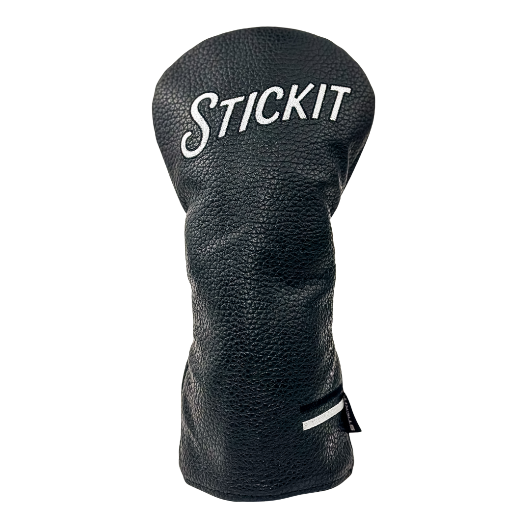 Black leather golf headcover with "STICKIT" embroidered in white, sleek and stylish for protecting clubs.