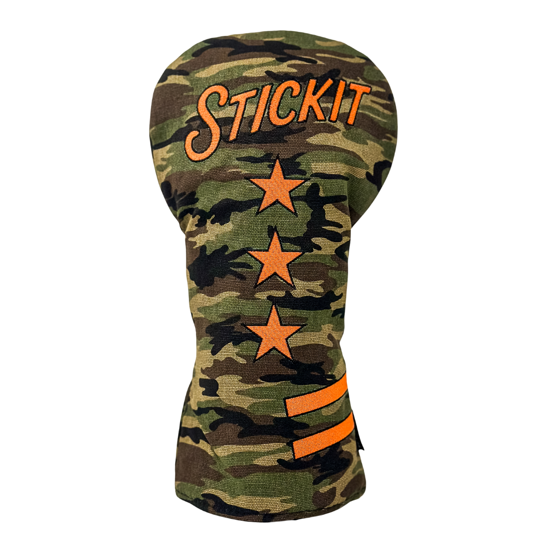 Camo golf headcover with "STICKIT" embroidered in orange and three stars, perfect for stylish club protection.