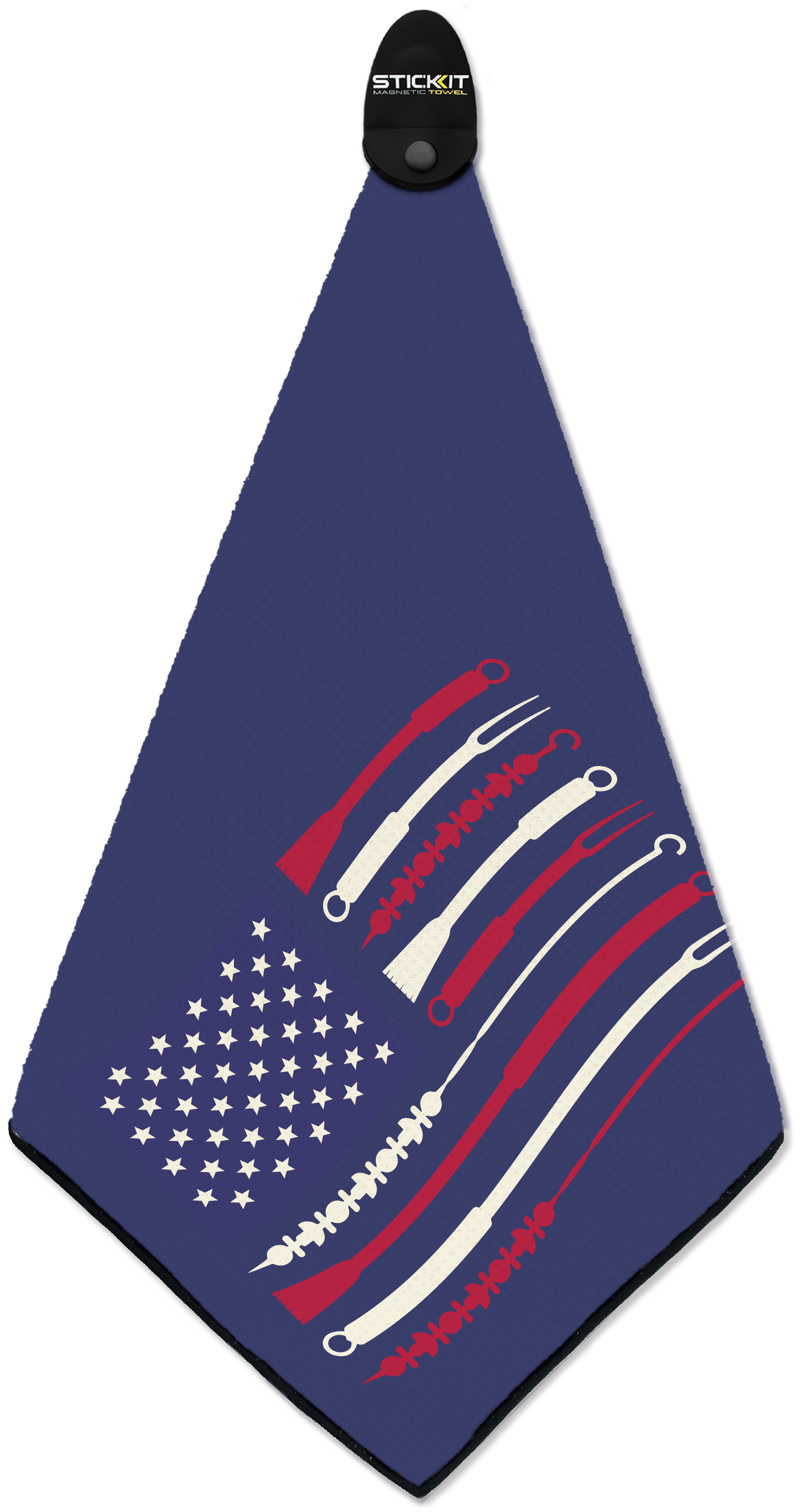 Blue flag-themed towel with red and white fishing hooks design, perfect for outdoor enthusiasts.