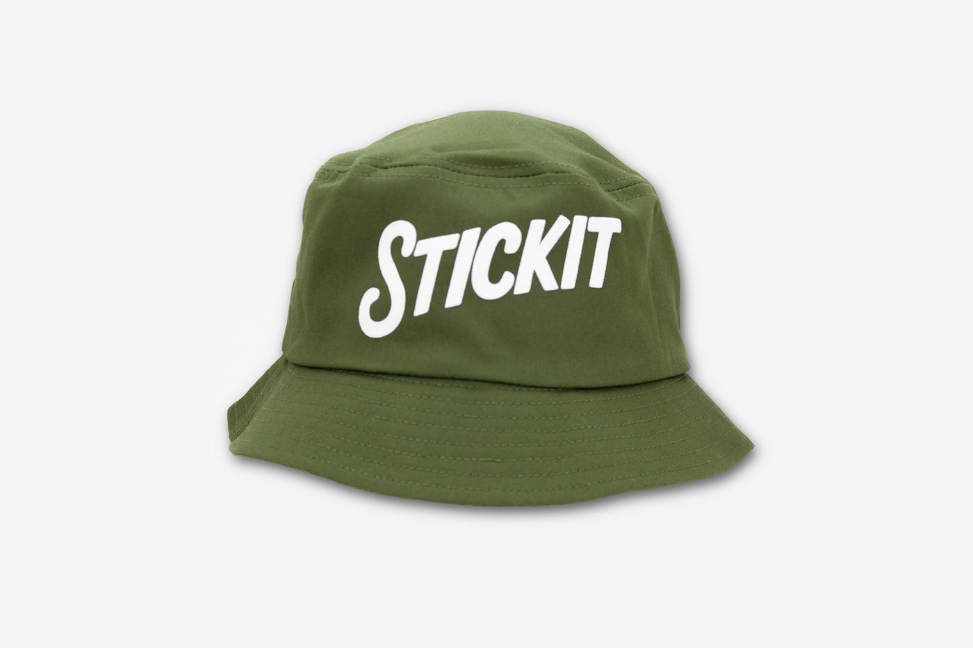 Green cotton bucket hat with white "STICKIT" text for a trendy, casual look. Perfect for outdoor adventures.