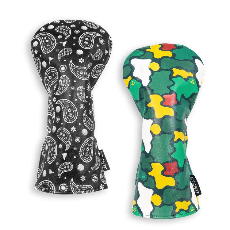 Black paisley and green camo golf headcovers, stylish synthetic material, perfect for protecting golf clubs.