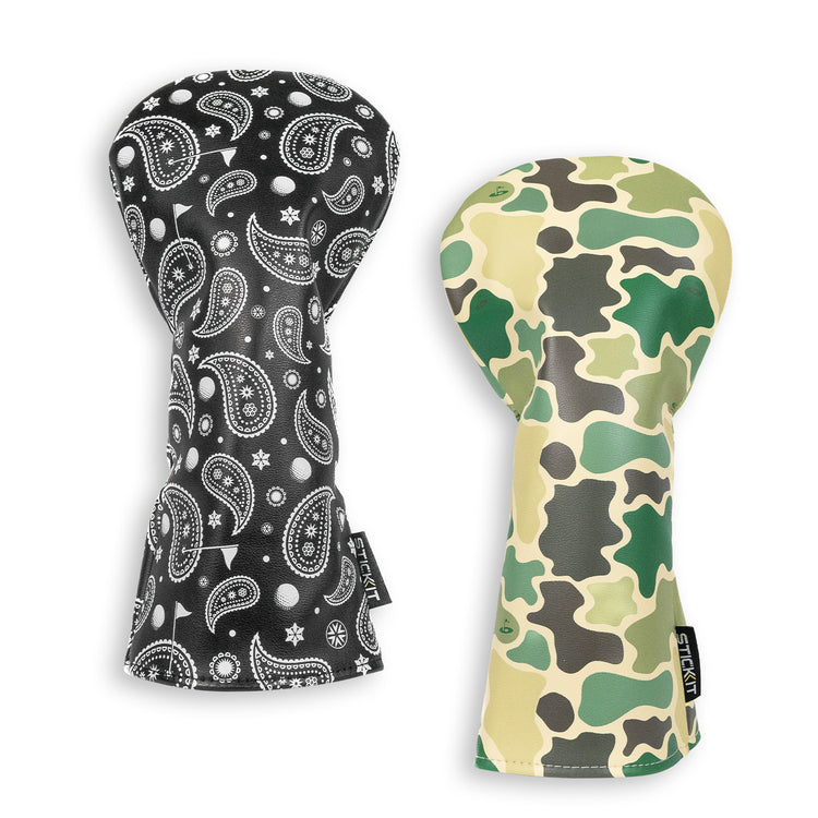 Black paisley and green camo oven mitts, durable cotton construction, stylish and functional kitchen accessories.