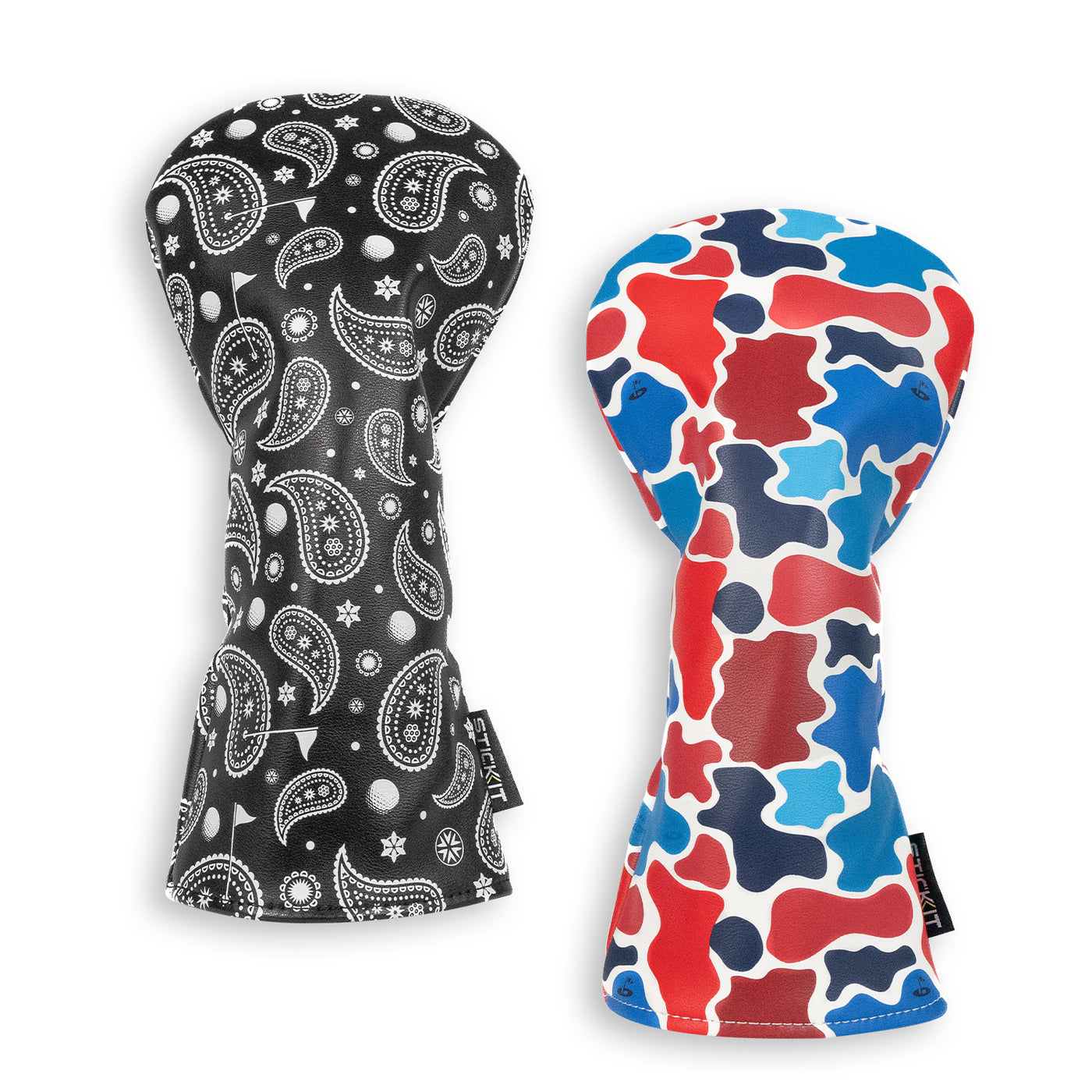 Black paisley and blue-red camo silicone oven mitts, stylish and heat-resistant, ideal for kitchen use.
