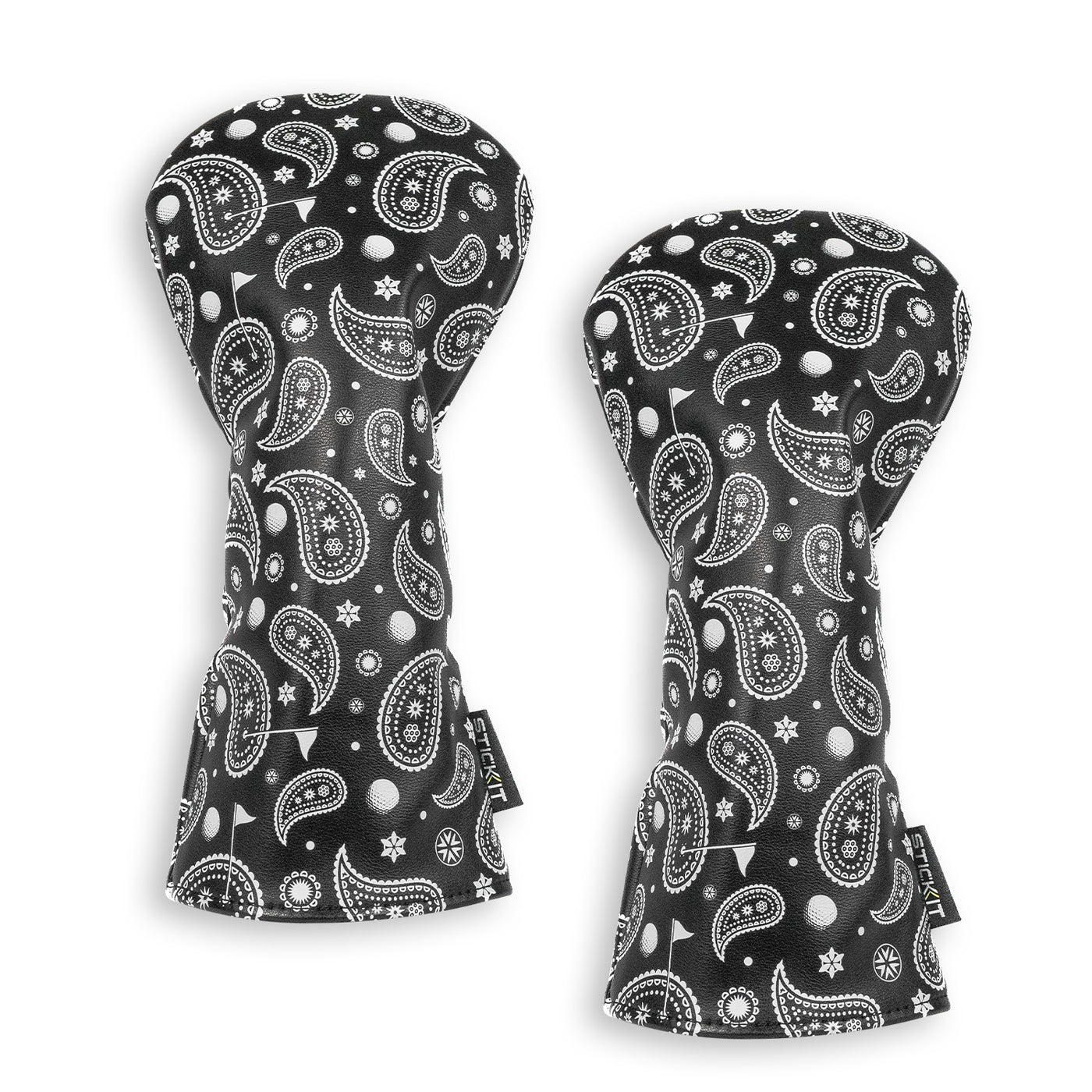 Black and white paisley-pattern oven mitts made of durable fabric for stylish kitchen protection.