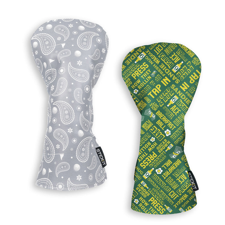 Gray paisley and green text-patterned silicone oven mitt set, heat-resistant, modern kitchen essentials.