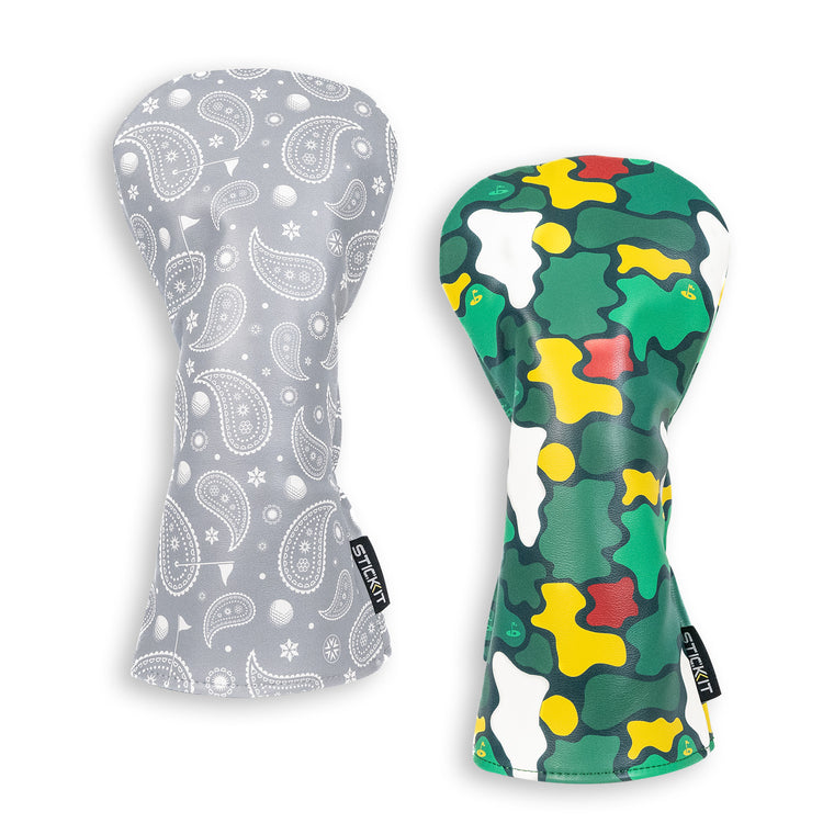 Gray paisley and green camo silicone oven mitt set, stylish and heat-resistant for kitchen safety.
