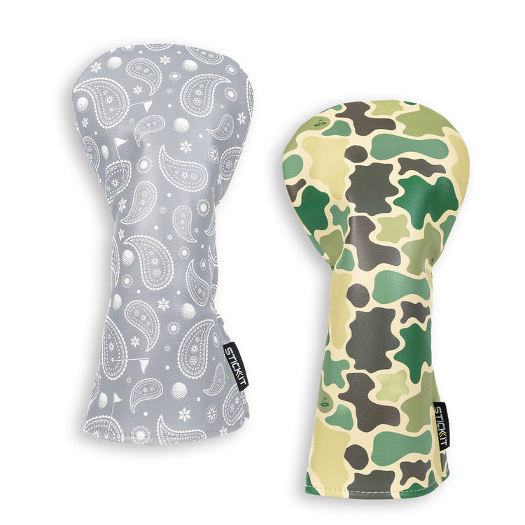 Gray paisley and green camo oven mitts, made of heat-resistant fabric, stylish and functional kitchen essentials.
