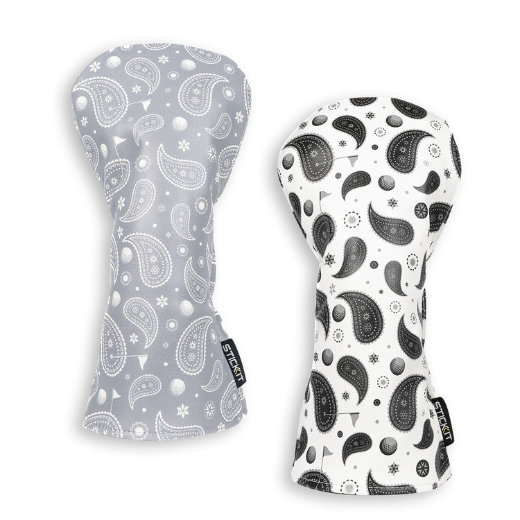 Gray and white paisley-patterned oven mitts, made of durable cotton, stylish and heat-resistant for easy handling.